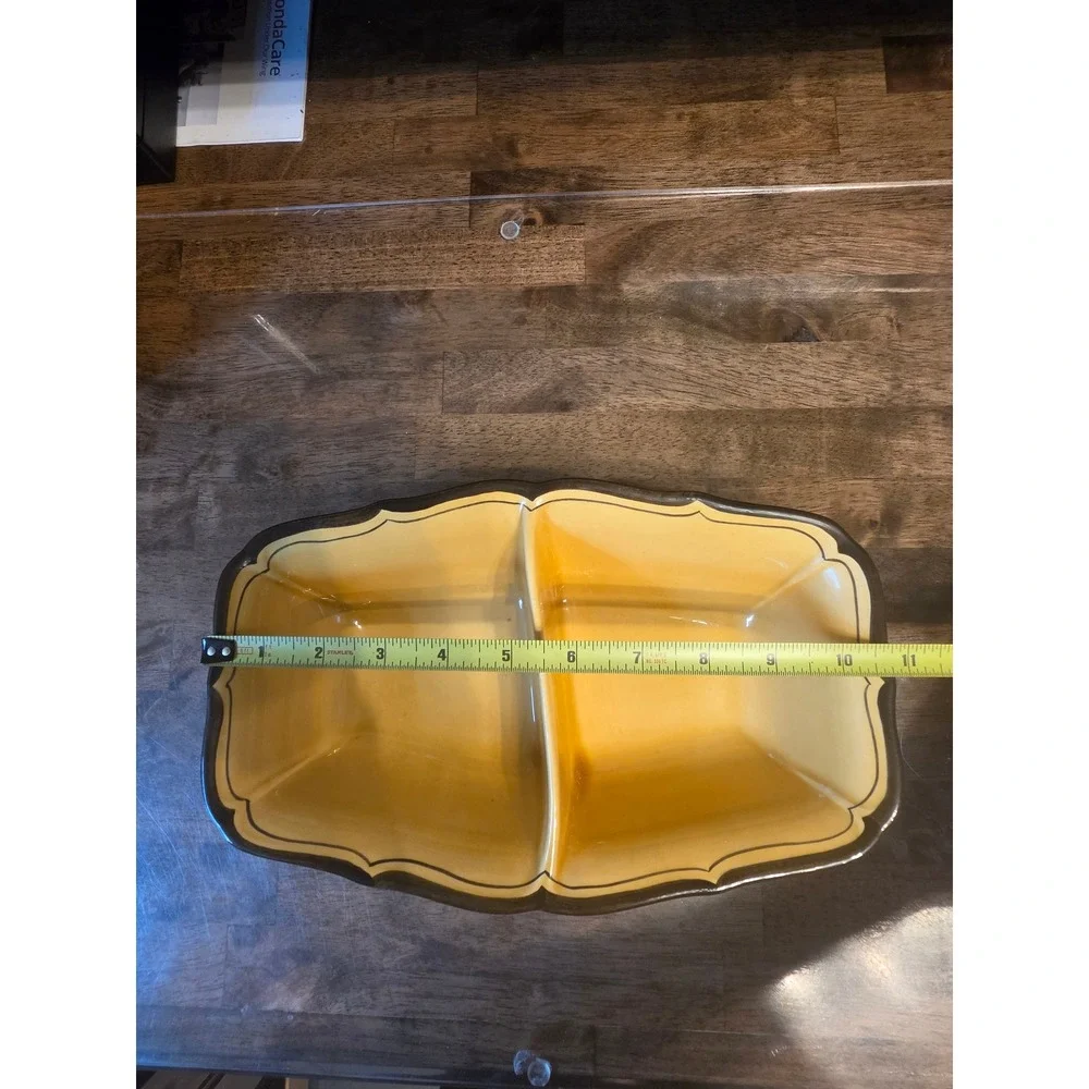Vintage Yellow Divided Ceramic Serving Dish Scalloped Brown Rim Rectangular Tray